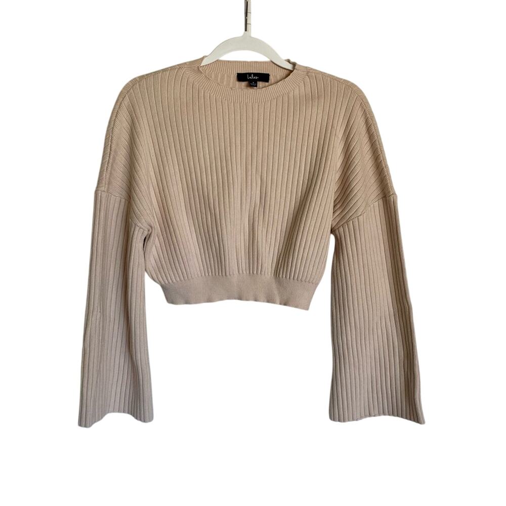 Lulus Boho Minimal Chic Ribbed Bell Sleeve Cropped Crewneck Pullover Sweater
